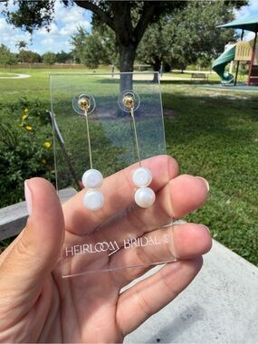 HEIRLOOM BRIDAL Gold Drop Earrings with White Pearl Duo